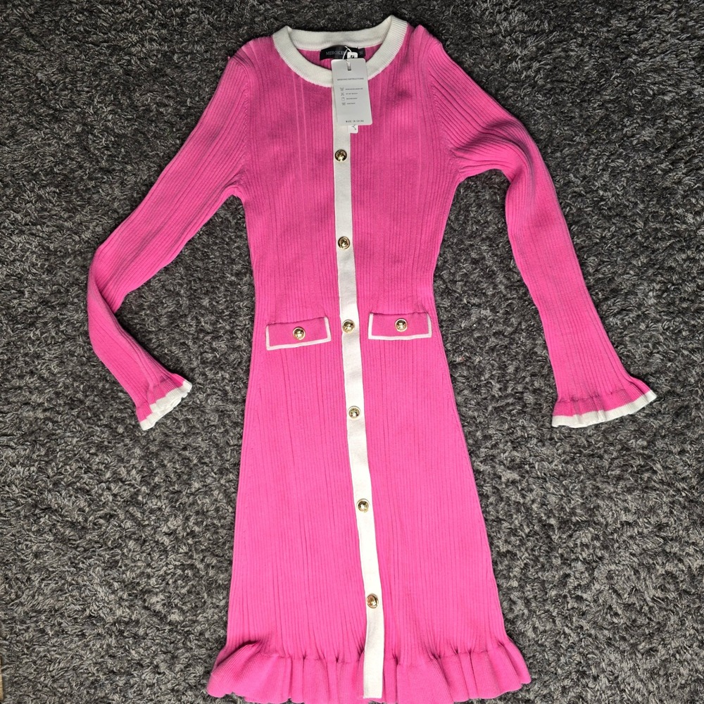 MEROKEETY Pink Ribbed Knit Button Front Ruffle Hem Midi Dress Gold Buttons New M